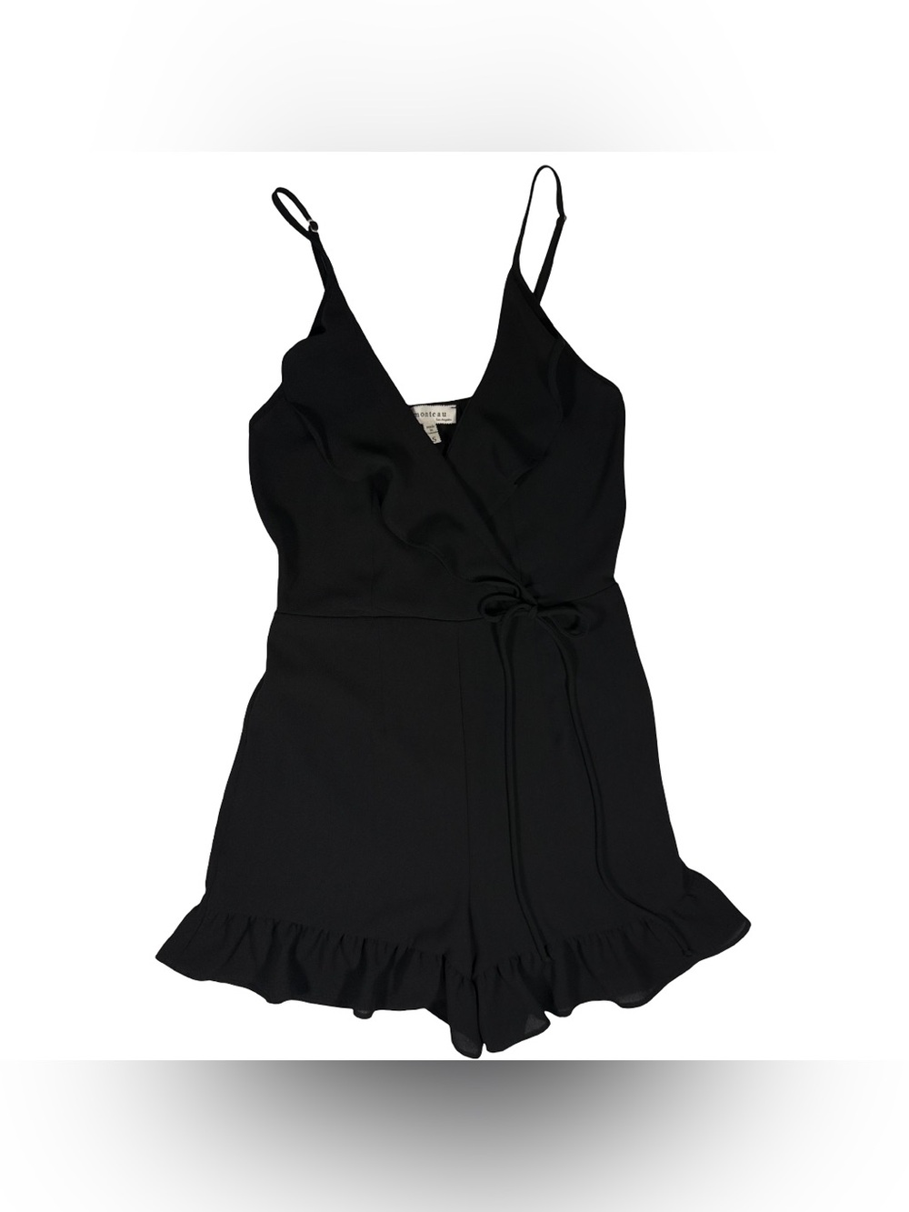 Monteau Black Romper Dress Small Ruffle V Neck Bow Waist Flowy Chiffon Lined